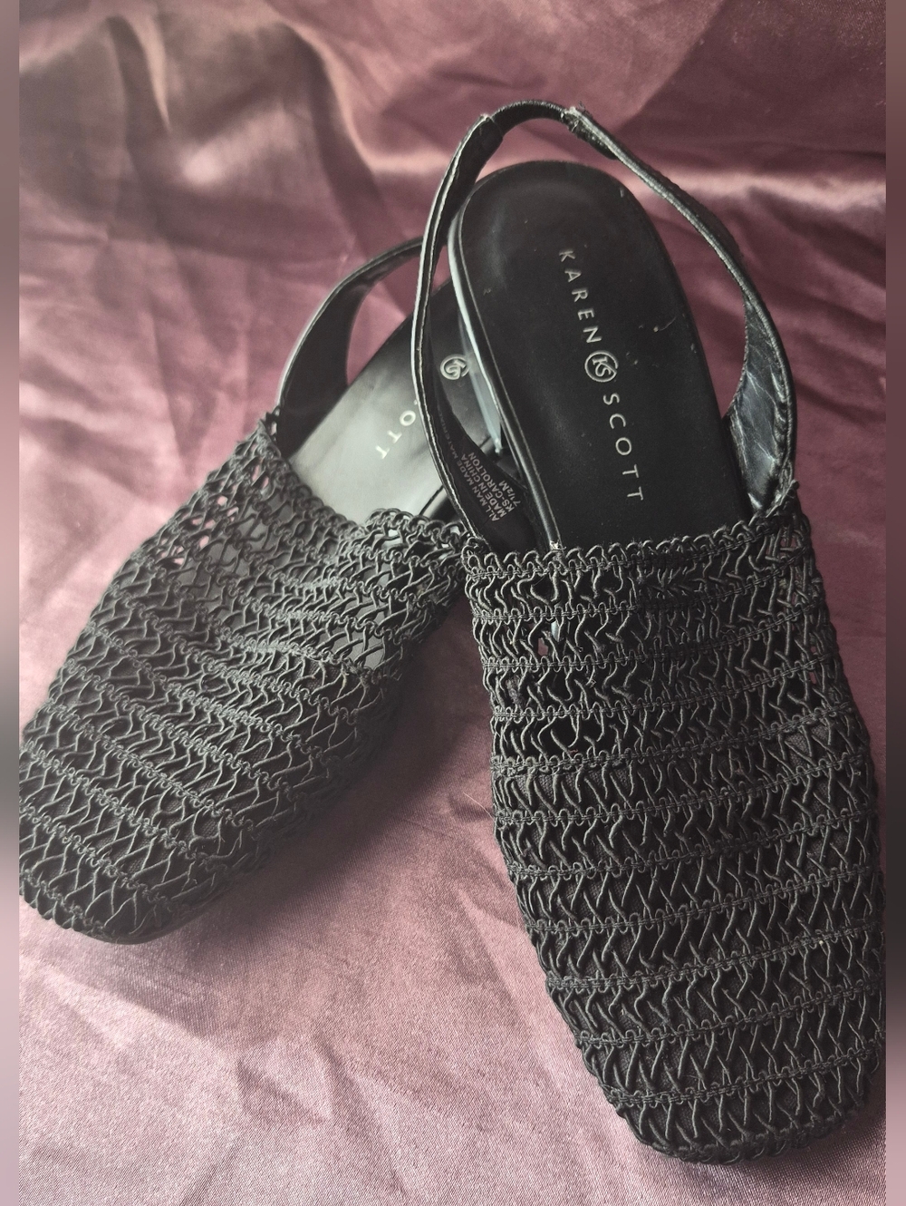 Karen Scott Carolton Black Crochet Slingback Pumps Low Block Heel Size 7.5